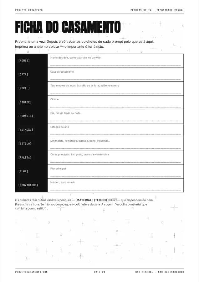 Página do PDF de prompts mostrando a Ficha do Casamento, com as variáveis a preencher uma vez.