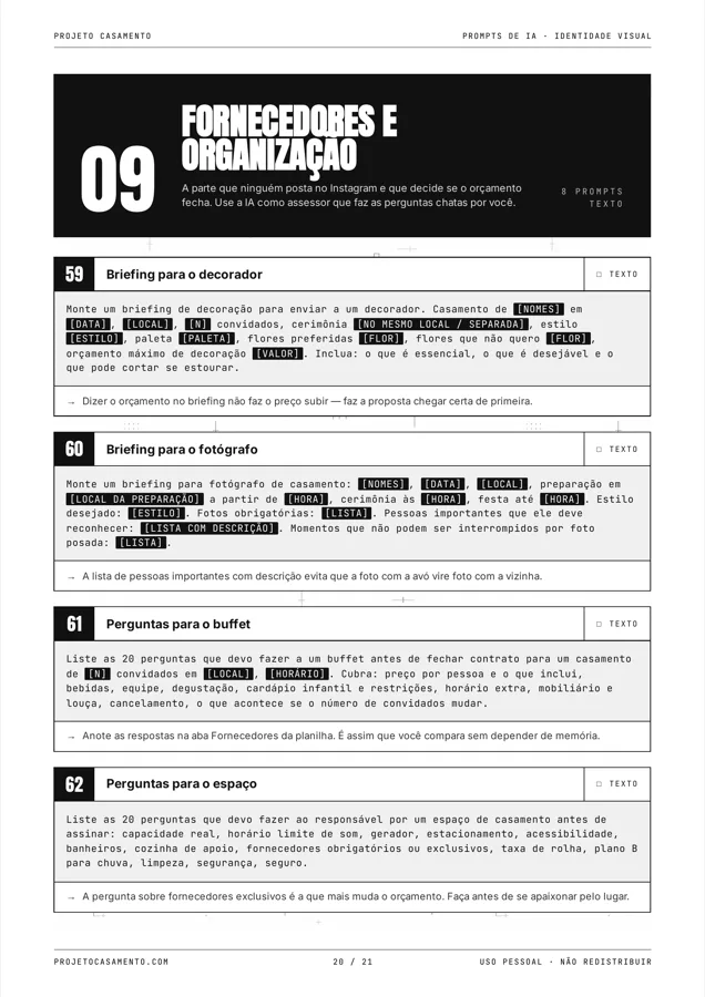 Print real do PDF de prompts, seção 09, Fornecedores e organização, com os prompts de perguntas para o buffet e análise de contrato.