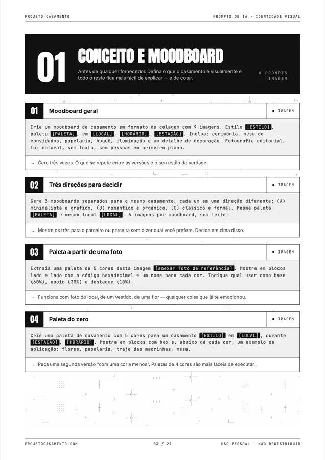 Página do PDF de prompts mostrando a seção 01, Conceito e moodboard, com quatro prompts de imagem.